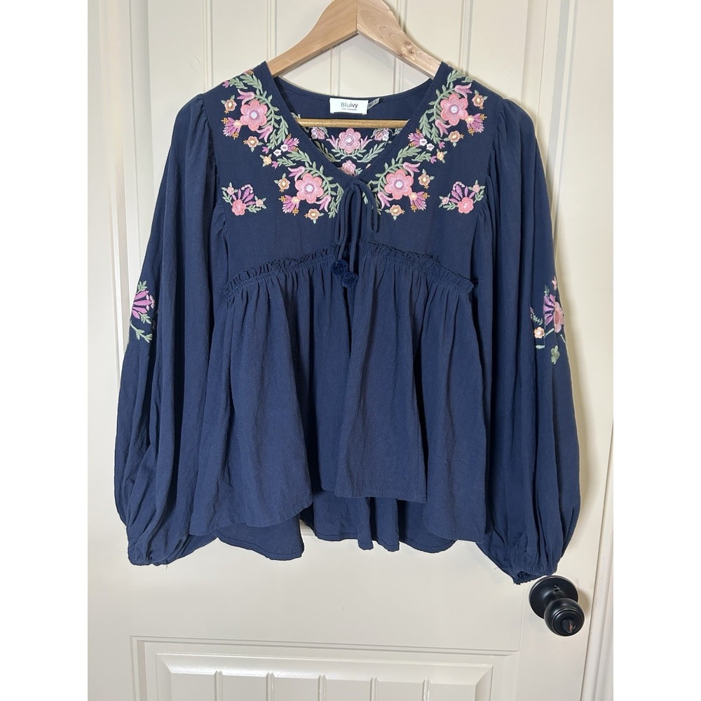 Bluivy Women Babydoll Top S Blue Floral Embroidery Boho Puffed Sleeve Prairie